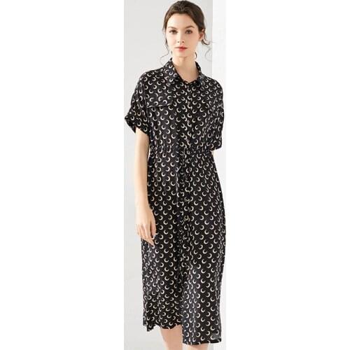 Black with White Polka Dot Floral Silk Shirt Dresses Women 2021 Summer Long Casual Sexy Office Work Daily Dress Plus Size Slim