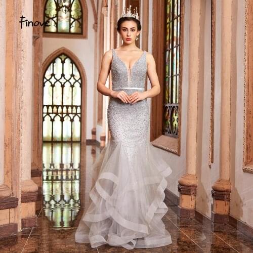 Finove Luxury Beading Mermaid Dress Gray V Neck Sexy Backless Ruffles Evening Dresses Long 2020 New Floor Length Party Gowns