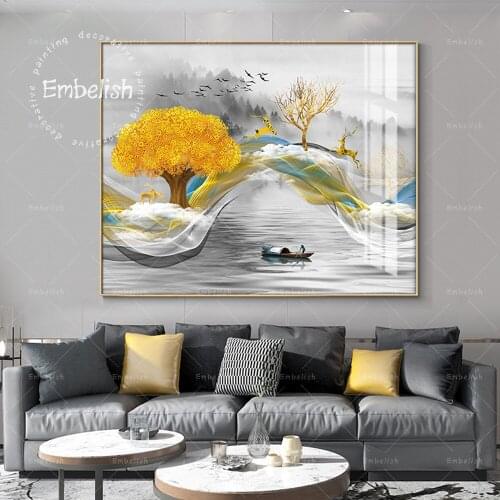 1 Pieces Nordis Style Abstract Landscape Pictures For Living Room Golden Tree Deer Wall Art Posters Home Decor Canvas Paintings