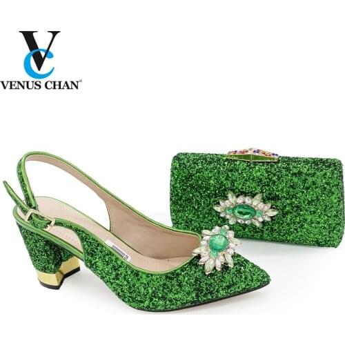 2021 Special Design High Quality Italian Women Shoes and Bag Set in Green Color Slingbacks Comfortable Heels FOR Garden Party