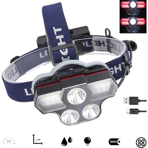 40W XM-L T6 COB 5LED Hunting Headlamp Spotlight 18650 Camping Emergency Head Torch Flashlight 6Modes Red Strobe Warning Light