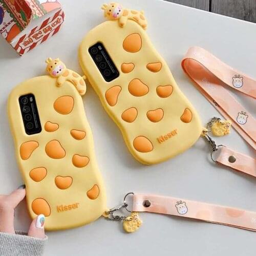 Cute Cartoon Giraffe Case for Huawei P30 P40 Mate 30 Pro Honor 8X 9X Cookie Deer Soft Silicone Lanyard Rope Cover with Pendant