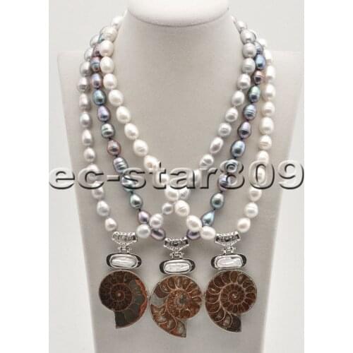 D0331 18" 13mm Rice Freshwater Cultured Pearl Necklace Conch-fossil Pendant