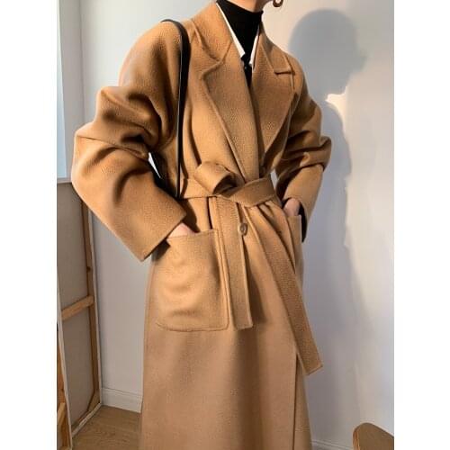 Water ripple light luxury suit collar mid-length double-sided cashmere coat woolen coat 21 new