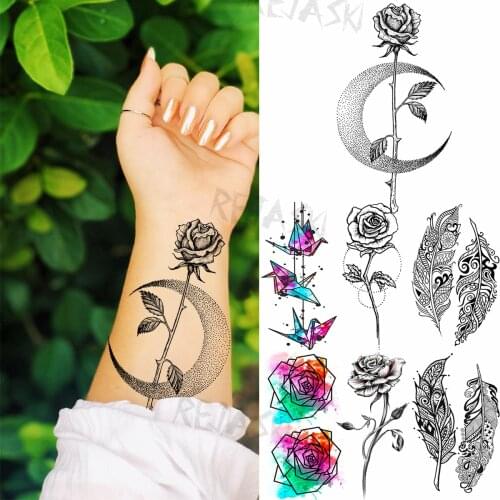 Little Black Rose Moon Temporary Tattoos For Women Kids Feather Paper Crane Fake Tattoo Sticker Waterproof Body Art Tatoos Decal