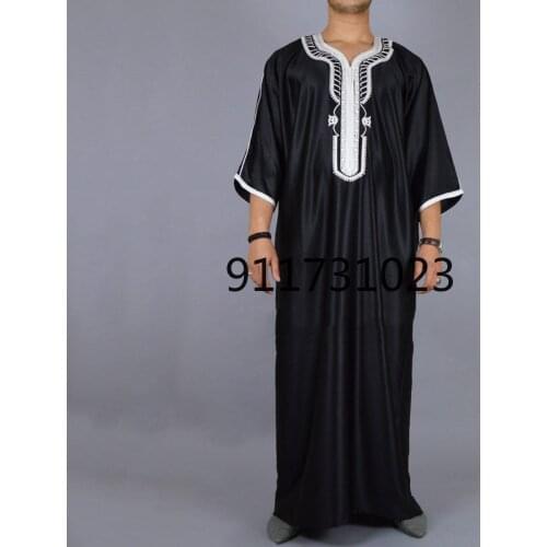Man Vintage Short Sleeve O Neck Muslim Arabic Islamic Clothing Mens Solid Color Robes Saudi Style Zipper Jubba Thobe