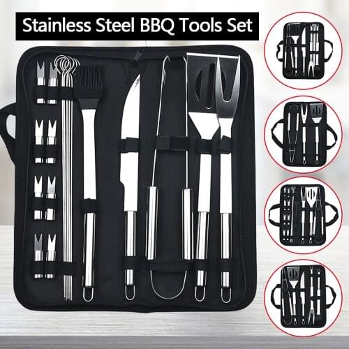 Stainless Steel BBQ Tools Set spatula fork tongs knife brush skewers Barbecue Grilling Utensil Camping Outdoor Cooking Tool Set