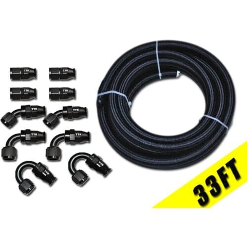 NLPTFEAN6_KIT_33_BK -6AN Black Nylon E85 PTFE Fuel Line 33FT 10 Fittings Hose Kit E85