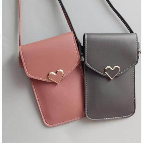 New Women Heart-Shaped Mobile Phone Bag Mini Messenger Bags Lady Handbag Simple Pu Leather Purses Small Phone Bag Wallet