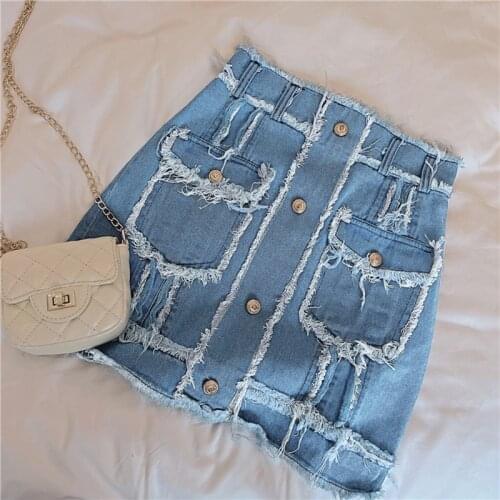 Sexy Women Denim Mini Skirt Fashion Summer High Waist Korean Ripped Skirt Fashion Blue Back Zipper Fly Jeans Harajuku Plus Size