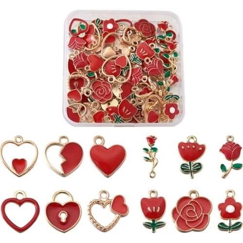 72pcs Alloy Enamel Heart Flower Pendant Charms Metal Lover Rose Dangle Charm for DIY Bracelet Necklace Jewelry Making