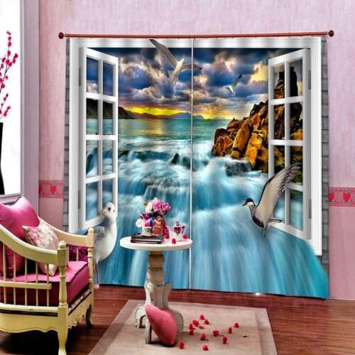 Custom Any Size Curtains Natural Scenery Sunset Waterfall Window Curtain Seagull outside the window For Living room bedroom