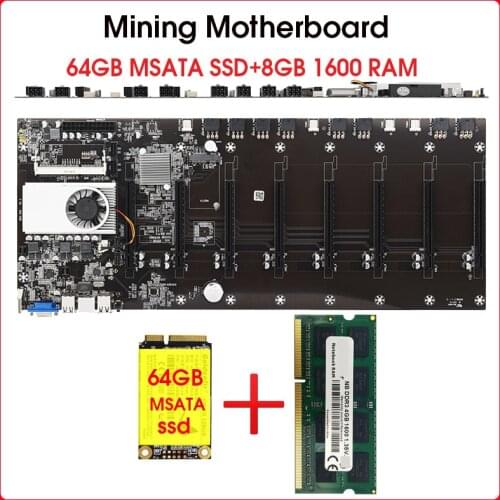 Riserless mining motherboard 8 GPU Bitcoin Crypto Etherum Mining with 64GB MSATA SSD DDR3 8GB 1600MHZ RAM SET