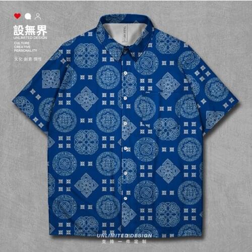 Blue and white porcelain china amoy porcelain Chinese tide Chinese style Short-Sleeved shirt mens Tops casual Summer Clothes