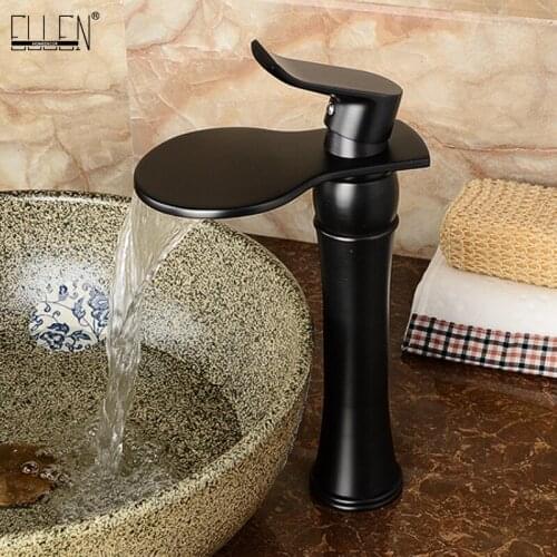 Deck Mounted Tall Black Bathroom Faucets Waterfall Basin Sink Water Mixer Tap Faucet Oil Rubble Bronze Finished ELF1413B