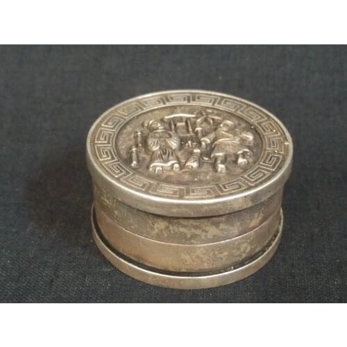 YIZHU CULTUER ART Collection Old China Copper Silver Carving Figure Statue Seal Inkpad Box Decoration