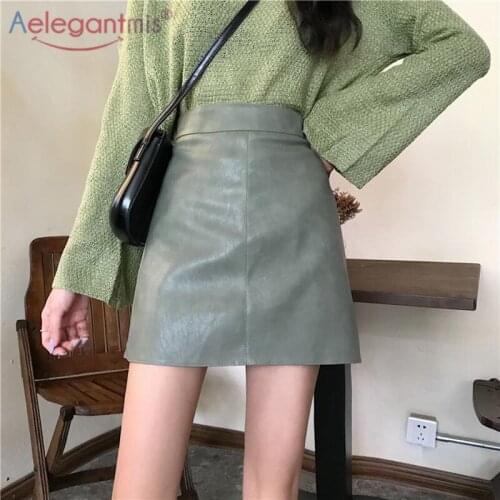 Elegantmis Black Moto Faux Leather Short Skirts Women Sexy Green A Line Biker Mini Skirt Korean Fashion Vintage PU Leather Skirt
