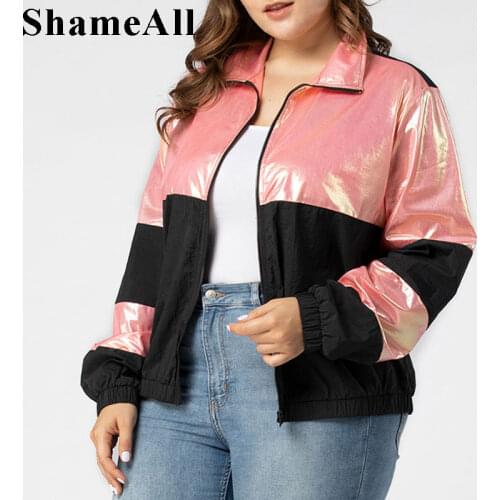 Plus Size Bright Pink Metallic Panel Contrast Black Jackets 3XL 4XL Spring Streetwear Women Color Block Design Coat Outwear