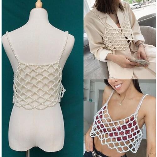 Women Pearl Beaded Camisole Crop Top Sexy Hollow Out Mesh V-Neck Jewelry Vest