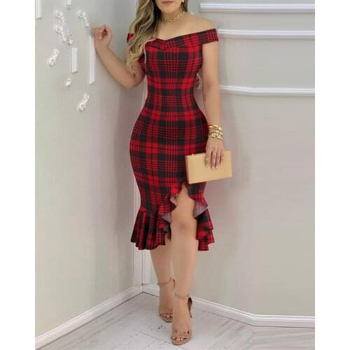 Women Plaid Solid Color V Mouth Word Collar Off-Shoulder Short-Sleeved Back Zipper Lace Over The Knee Bag Hip Temperament Dress