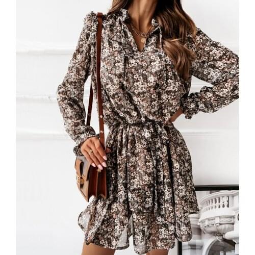 2021 New Women Boho Beach Floral Print Dress Long Sleeve V Neck Ruffle Mini Dress Elegant Ladies Party Club Classic vestidos