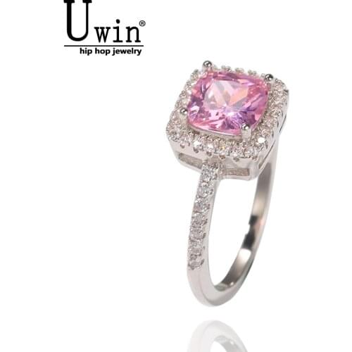 Uwin Pink Stone CZ Rings Full Bling Iced Out Cubic Zircon Engagement Rings Luxury Fashion Jewelry For Women Gift