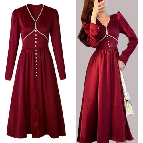 Autumn Elegant Stain Dress Women 2021 Spring Solid Long Sleeve Party Dress Sexy V-neck Loose Vestido Women Office Lady Clothes