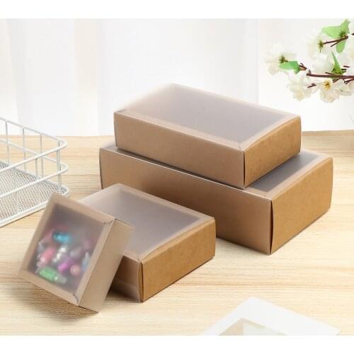 10PCS Kraft Paper Packing Gift Box With Transparent PVC Window Wedding Cookie Candy Cake Boxes Gift Box Wedding Party Supplies