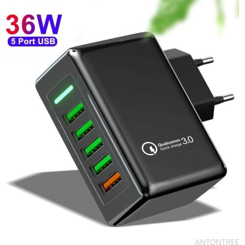 5 Port Quick Charger Adapter Max 36W QC3.0 Fast Charging Block Wall Plug for Samsung S21 Note 20 S20 Android iPhone Xiaomi