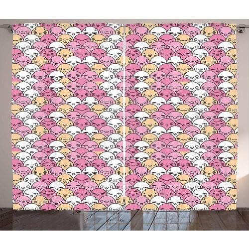 Anime Curtains Funny Kawaii Faces Showing Various Living Room Bedroom Window Drapes Pale Pink Home Window Decor