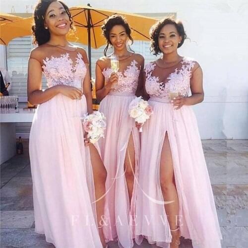 Illusion Pink Chiffon Appliques Bridesmaid Dresses Side Split A-Line Wedding Party Gowns Women Occasion Dress Plus Size