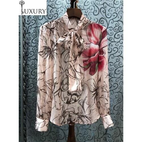 Blouses Top Quality Silk 2020 Spring Summer Women Bow Collar Runway Prints Long Sleeve Pink Tops Shirts Blusas Feminino