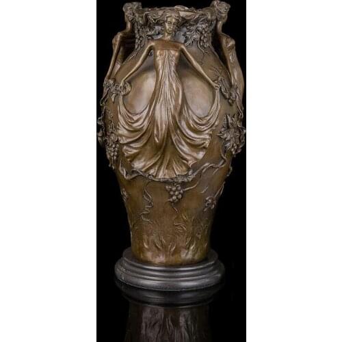 39 CM Western Art Deco Bronze Women Girl fairy maiden grape Sculpture Vase Pot