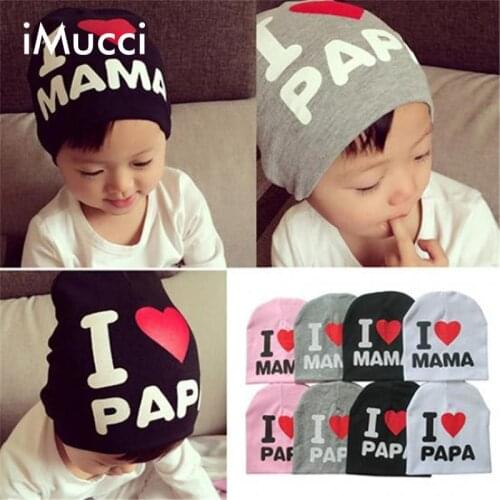 IMucci 1Pcs Print Cartoon I Love Mama Papa Baby Hat New Spring Autumn Baby Knitted Warm Cotton Beanie Hats for Kids Girl Boy