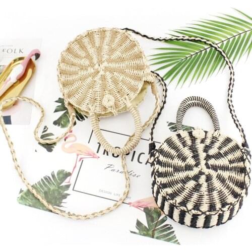 Round two-color straw bag Messenger bag casual small bag small fresh woven bag beach bag trumpet