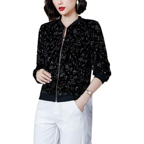 New 2021 Spring Autumn Gold Velvet Womens Jacket Coat Short Round Neck Black Printed Zipper Casual Outerwear Female Tops A12
