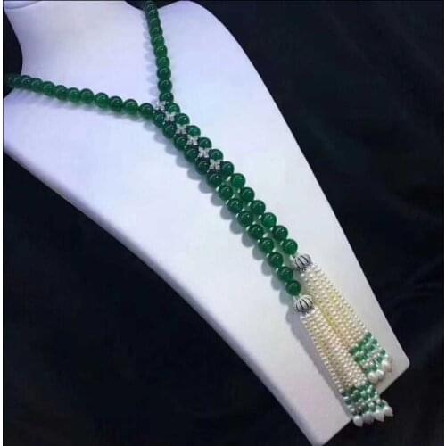 Hot sell natural 8mm green jade beads micro inlay zircon long necklace25inch sweater chain pearl tassel luxury jewelry
