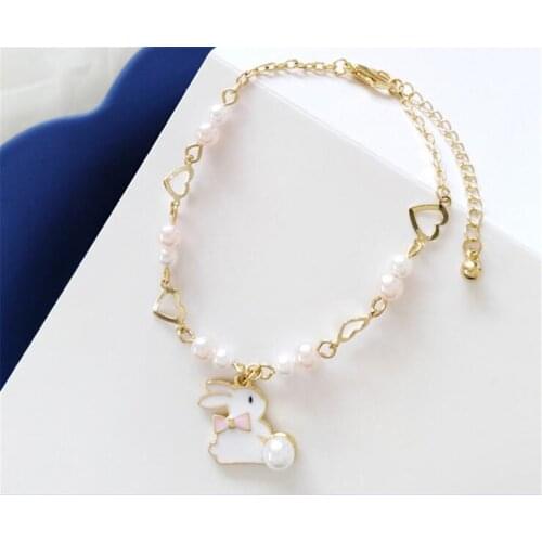 Sweet Lolita Girl Jewelry Accessories Rabbit Pendant Pearl Chain Bracelet D153