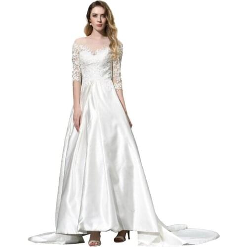 Milomi.CP Taffeta V-neck Lace Half Sleeve Backless Lace Up Trailing Robe de mariee Wedding Dresses vestido de noiva 32387