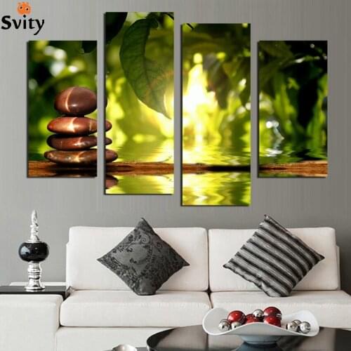 Fashion 4 panel moderm home decoration combinative canvas painting green leaf stone for beauty life F1746 free shipping
