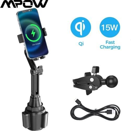 MPOW CA160 Wireless Car Charger 15W Auto-clamping Qi Fast Charging Car Mount with Built-in Battery Cup Holder Vent Phone Holder