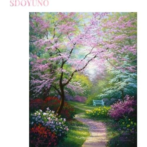 SDOYUNO diy frame oil painting by numbers for adults forest Road landscape pictures by numbers on canvas art wall HandPainted