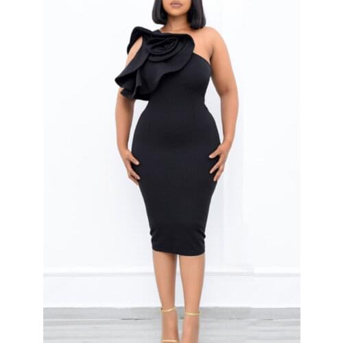 Africa Women Party Dresses One Shoulder Sleeveless Big Flower Solid Bodycon Slim Fit Dress Vintage Elegant Ladies Fall Fashion