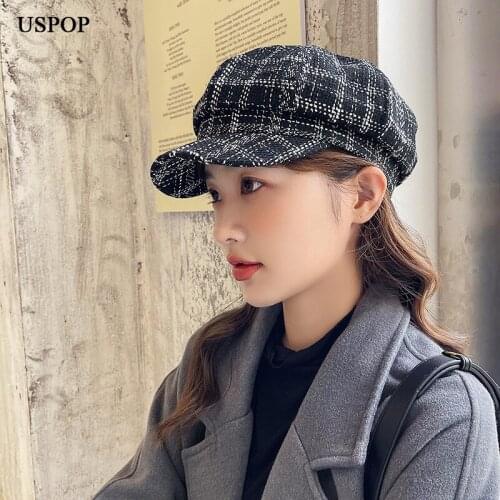 USPOP 2021 Womens Autumn Hats Vintage Plaid Octagonal Hats Female Winter Hats with Chain