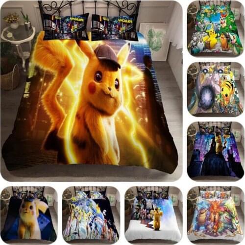 TAKARA TOMY Three-piece Set on Bed Home Textiles Detective Pikachu Quilt Cover 3D Digital Printing Three-piece Set Bed Sheet Set