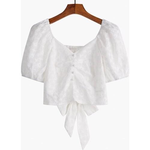 Women Tops Summer Floral Puff Sleeve Tops French Cute Short Women Tops Back Bow Cute Tops Women Crop Top Short Womens Tops