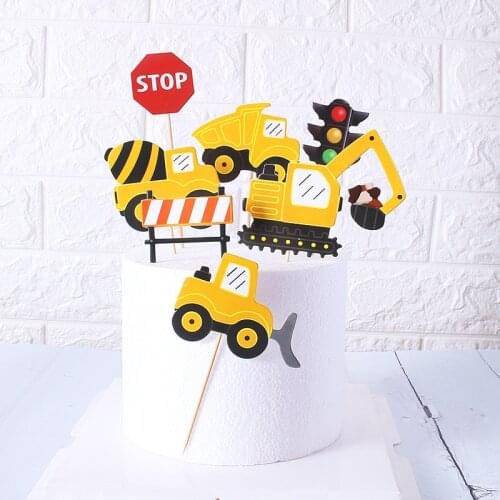 Cake Topper Excavator Bulldozer Truck DIY Cake Cupcake Toppers Boys Men Happy Birthday Party Traffic Light Dessert Decor Flags