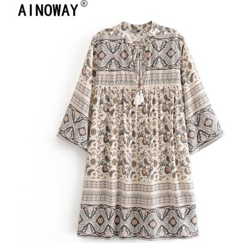 Vintage chic women hippie floral print deep V-neck Bohemian mini dress ladies flare sleeve rayon cotton Boho dresses vestidos