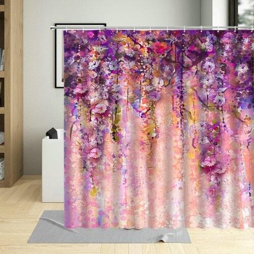 Shower Curtain Spring Purple Wisteria Blossom Decor Screens Abstract Violet Red Yellow Flowers Water Color Bathroom Curtain