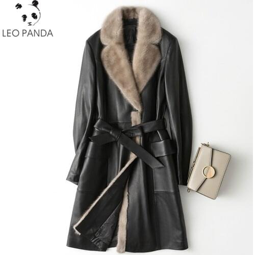 2020 New Genuine Leather Jacket Women Winter Real Mink Fur Collar Sheepskin Coat Womens Down Jacket Long Macaw